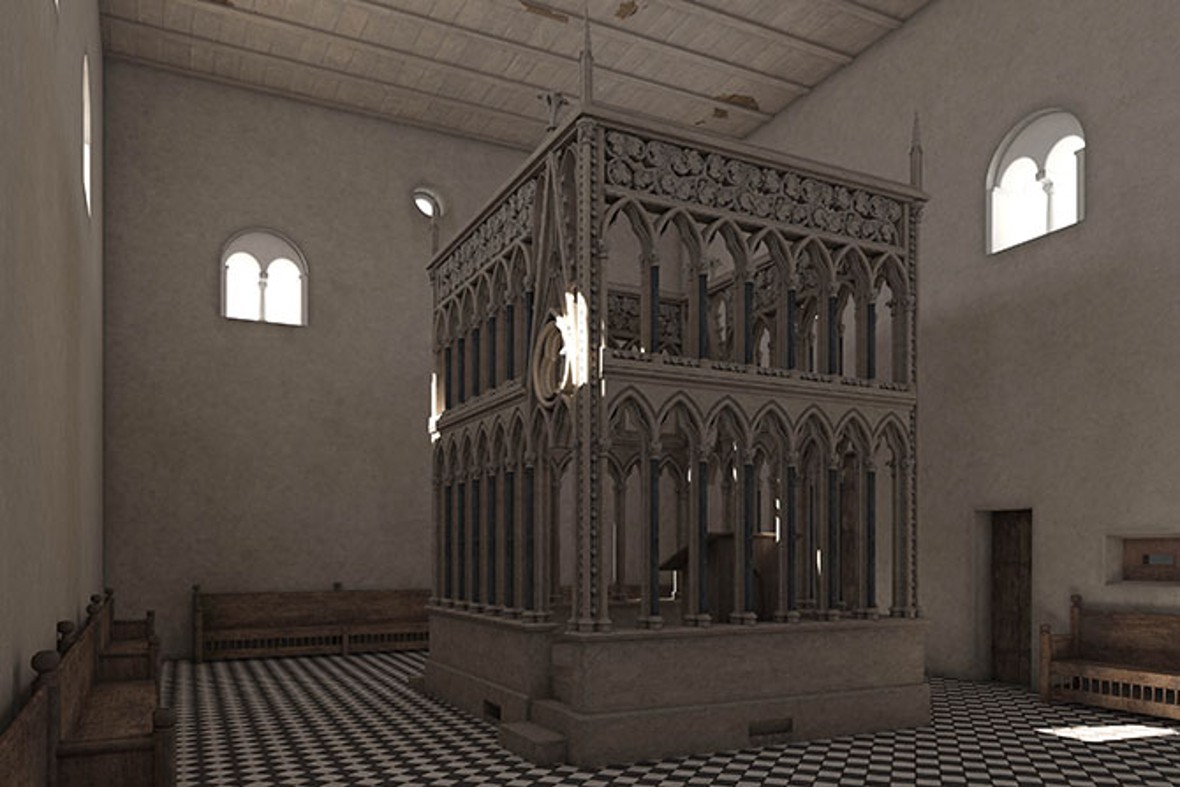 Eine Rekonstruktion der Bima in der Synagoge im mittelalterlichen Köln. Der Platz in einer Synagoge, von dem aus die Tora während des Gottesdienstes verlesen wird.